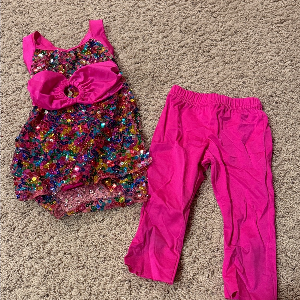 Costume Gallery dance Rainbow pink sequins leotard dress pants Small Child